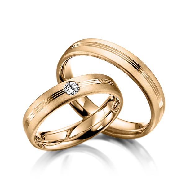 Paar klassische Trauringe/Eheringe in Roségold 585 mit zus. 0,1 ct. Brillant tw, si von Steinberg - Q-1267-9 Paar klassische Trauringe/Eheringe in Roségold 585 mit zus. 0,1 ct. Brillant tw, si von Steinberg - Q-1267-9