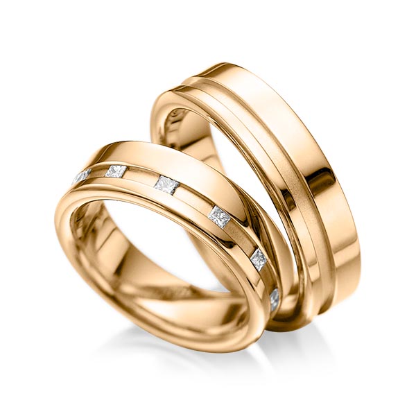 Paar klassische Trauringe/Eheringe in Roségold 750 mit zus. 0,36 ct. Prinzess-Diamant tw, si von acredo - A-1024-2