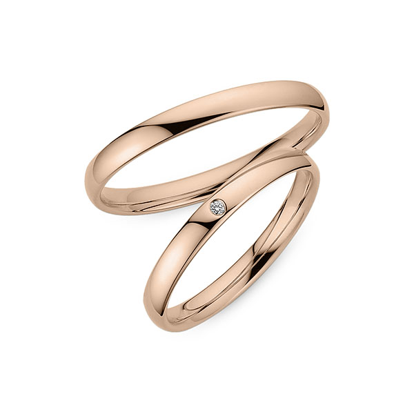 Paar klassische Trauringe/Eheringe in Rotgold 375 mit zus. 0,01 ct. Brillant w, si von Merii