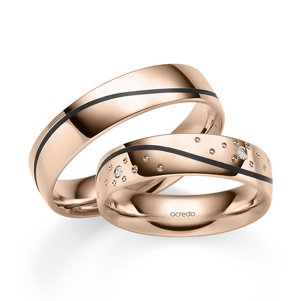 Paar klassische Trauringe/Eheringe in Rotgold 375 mit zus. 0,04 ct. Brillant tw, si von acredo - S-1306-5