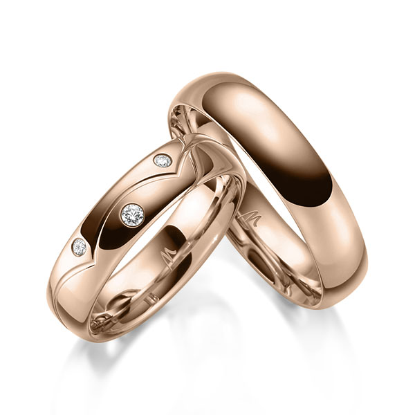 Paar klassische Trauringe/Eheringe in Rotgold 375 mit zus. 0,06 ct. Brillant tw, si von Merii