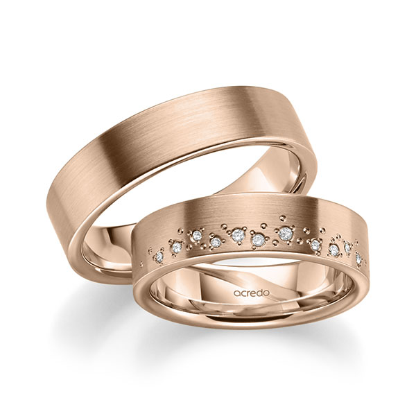 Paar klassische Trauringe/Eheringe in Rotgold 375 mit zus. 0,074 ct. Brillant tw, si von acredo - A-2193-5