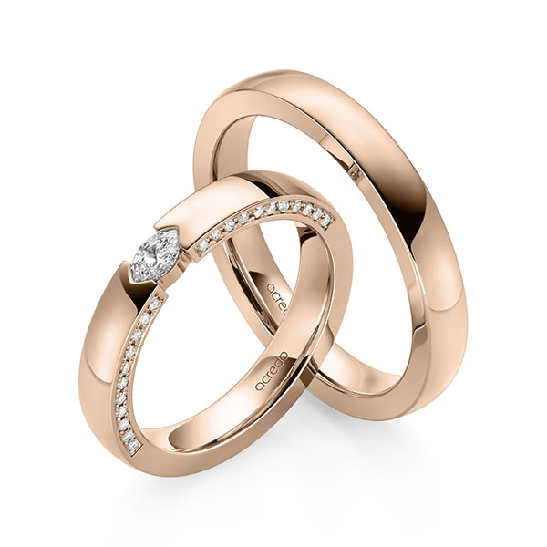 Paar klassische Trauringe/Eheringe in Rotgold 375 mit zus. 0,37 ct. Brillant tw, vs tw, si von acredo - A-2166-4 Paar klassische Trauringe/Eheringe in Rotgold 375 mit zus. 0,37 ct. Brillant tw, vs tw, si von acredo - A-2166-4