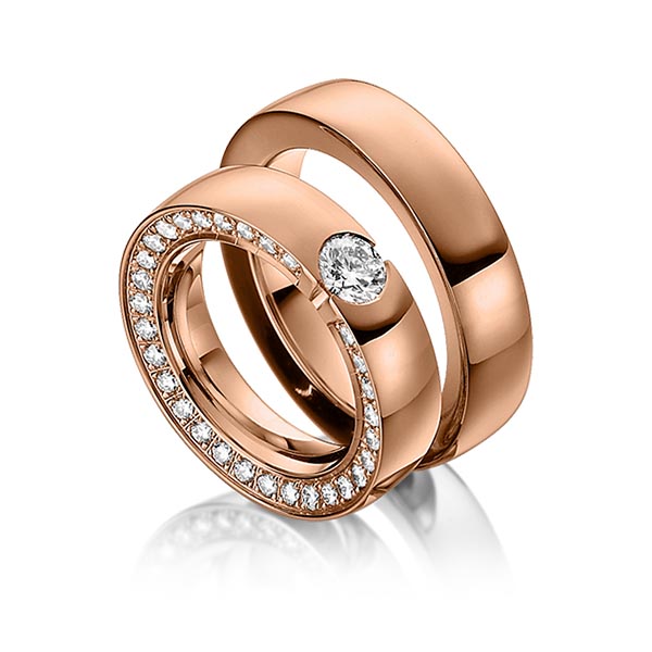 Paar klassische Trauringe/Eheringe in Rotgold 585 mit 0,5 ct. + zus. 0,9 ct. Brillant tw, si von Steinberg