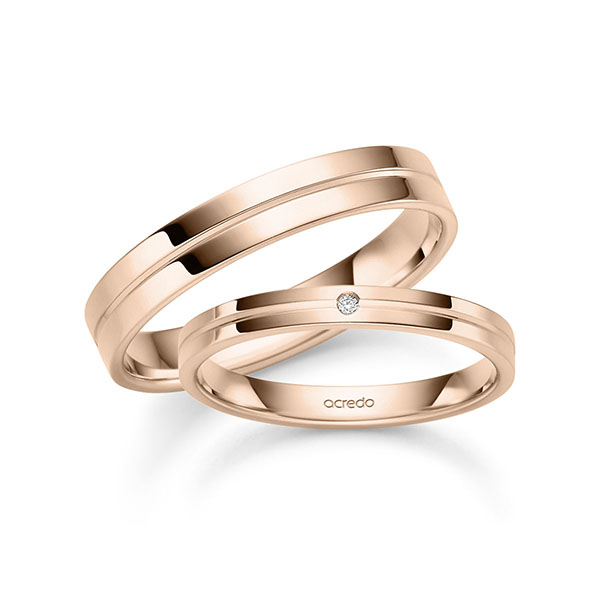 Paar klassische Trauringe/Eheringe in Rotgold 585 mit zus. 0,008 ct. Brillant tw, si von acredo