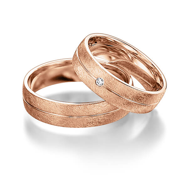 Paar klassische Trauringe/Eheringe in Rotgold 585 mit zus. 0,015 ct. Brillant tw, si von acredo