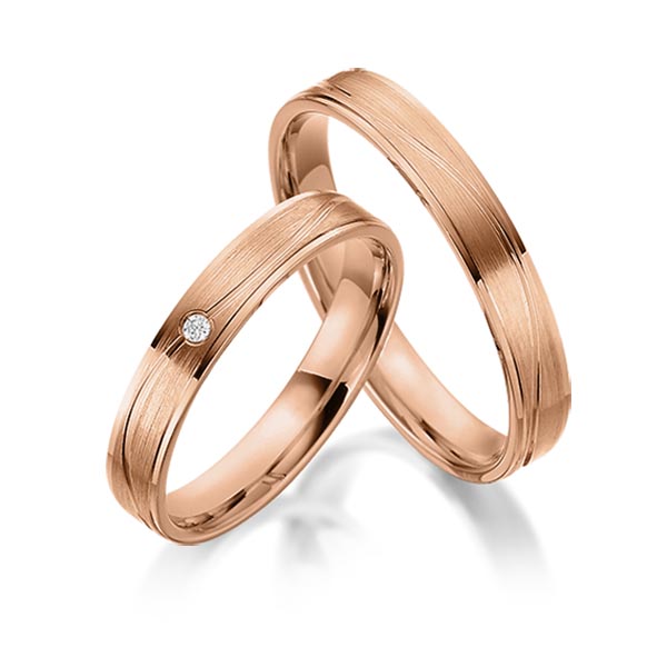 Paar klassische Trauringe/Eheringe in Rotgold 585 mit zus. 0,015 ct. Brillant tw, si von acredo - S-1182-4 Paar klassische Trauringe/Eheringe in Rotgold 585 mit zus. 0,015 ct. Brillant tw, si von acredo - S-1182-4