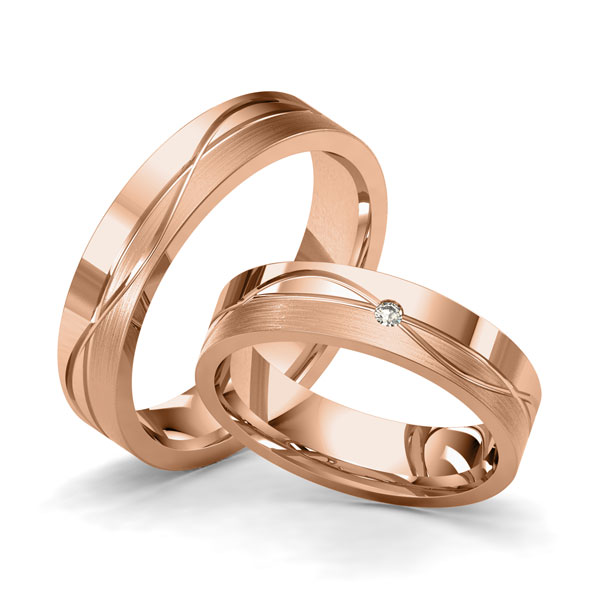 Paar klassische Trauringe/Eheringe in Rotgold 585 mit zus. 0,02 ct. Brillant tw, si von Merii - M-1195-5 Paar klassische Trauringe/Eheringe in Rotgold 585 mit zus. 0,02 ct. Brillant tw, si von Merii - M-1195-5