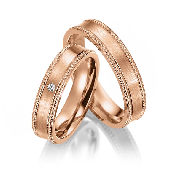 Paar klassische Trauringe/Eheringe in Rotgold 585 mit zus. 0,02 ct. Brillant tw, si von Merii - M-1239-5 Paar klassische Trauringe/Eheringe in Rotgold 585 mit zus. 0,02 ct. Brillant tw, si von Merii - M-1239-5