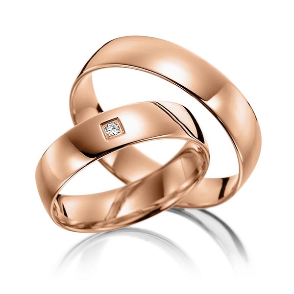 Paar klassische Trauringe/Eheringe in Rotgold 585 mit zus. 0,02 ct. Brillant tw, vs - NP-1177-3