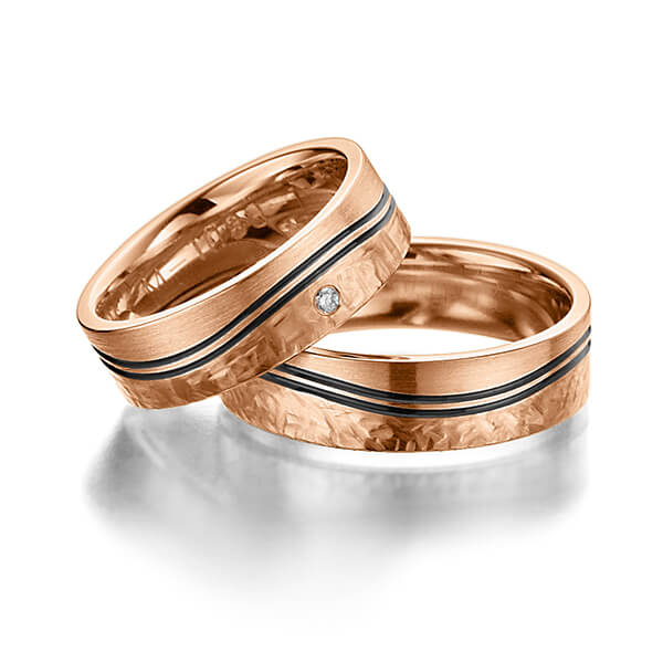 Paar klassische Trauringe/Eheringe in Rotgold 585 mit zus. 0,02 ct. Brillant tw, vs von Merii - M-1089-2 Paar klassische Trauringe/Eheringe in Rotgold 585 mit zus. 0,02 ct. Brillant tw, vs von Merii - M-1089-2