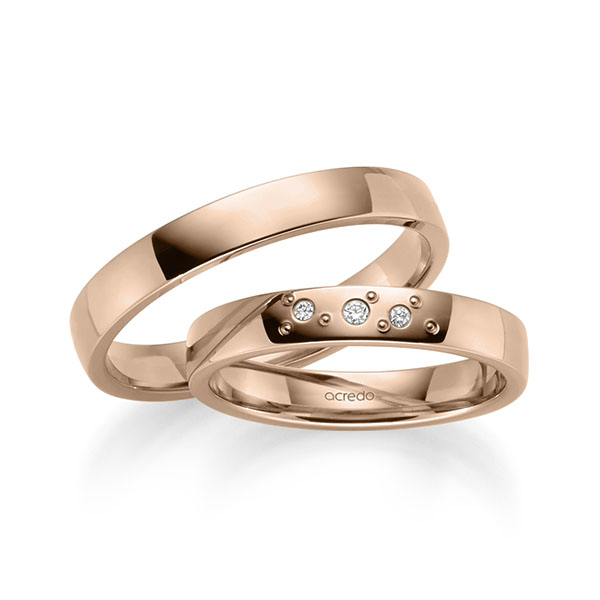 Paar klassische Trauringe/Eheringe in Rotgold 585 mit zus. 0,031 ct. Brillant tw, si von acredo