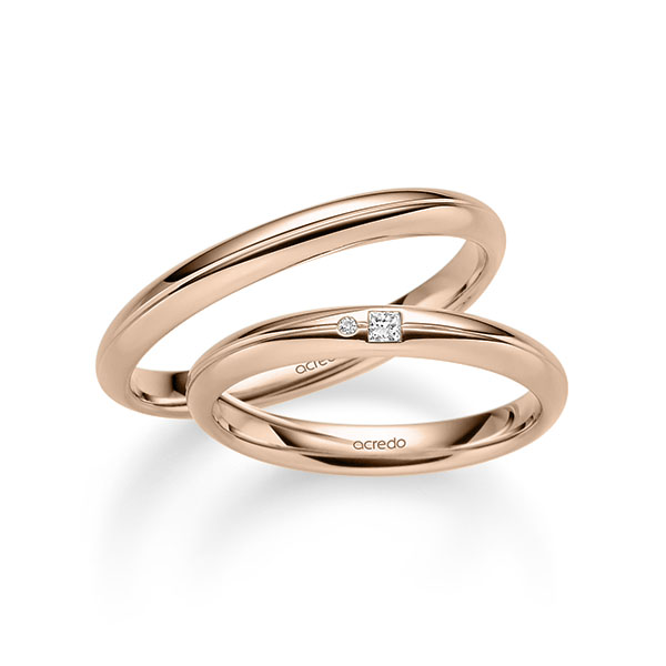 Paar klassische Trauringe/Eheringe in Rotgold 585 mit zus. 0,035 ct. Prinzess-Diamant & Brillant tw, vs tw, si von acredo