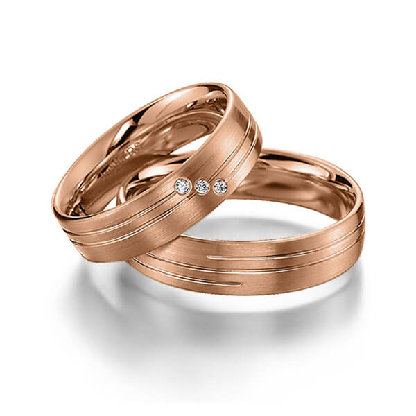 Paar klassische Trauringe/Eheringe in Rotgold 585 mit zus. 0,03 ct. Brillant tw, si von acredo
