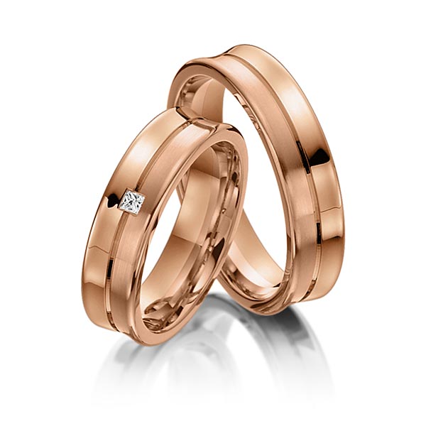 Paar klassische Trauringe/Eheringe in Rotgold 585 mit zus. 0,03 ct. Prinzess-Diamant tw, vs von acredo - S-1107-6 Paar klassische Trauringe/Eheringe in Rotgold 585 mit zus. 0,03 ct. Prinzess-Diamant tw, vs von acredo - S-1107-6