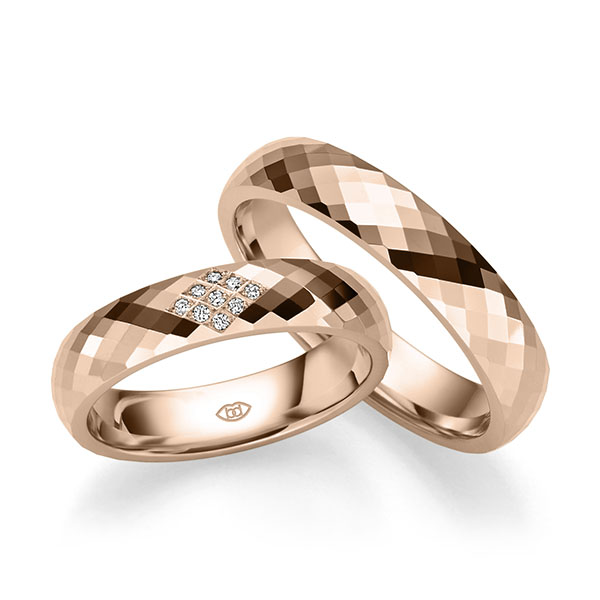 Paar klassische Trauringe/Eheringe in Rotgold 585 mit zus. 0,045 ct. Brillant tw, si - UQ-1121-4 Paar klassische Trauringe/Eheringe in Rotgold 585 mit zus. 0,045 ct. Brillant tw, si - UQ-1121-4