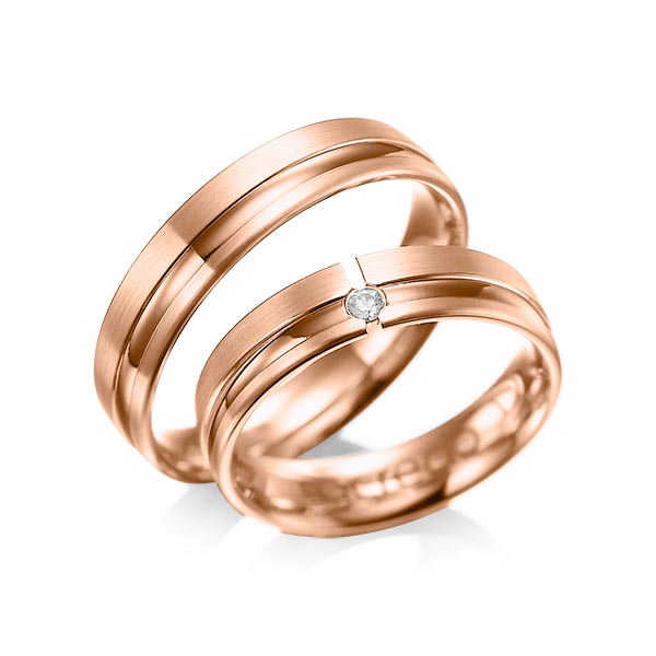 Paar klassische Trauringe/Eheringe in Rotgold 585 mit zus. 0,04 ct. Brillant tw, si von acredo