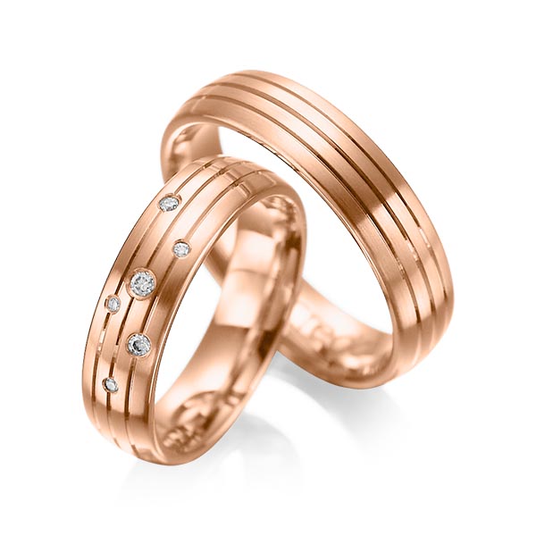 Paar klassische Trauringe/Eheringe in Rotgold 585 mit zus. 0,055 ct. Brillant tw, si von acredo - A-1016-6 Paar klassische Trauringe/Eheringe in Rotgold 585 mit zus. 0,055 ct. Brillant tw, si von acredo - A-1016-6