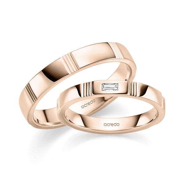 Paar klassische Trauringe/Eheringe in Rotgold 585 mit zus. 0,05 ct. Baguette-Diamant tw, vs von acredo