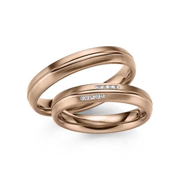 Paar klassische Trauringe/Eheringe in Rotgold 585 mit zus. 0,05 ct. Brillant tw, si von 123gold - Y-1433-7 Paar klassische Trauringe/Eheringe in Rotgold 585 mit zus. 0,05 ct. Brillant tw, si von 123gold - Y-1433-7