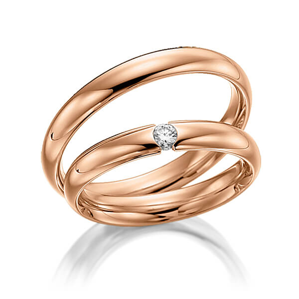 Paar klassische Trauringe/Eheringe in Rotgold 585 mit zus. 0,05 ct. Brillant tw, si von acredo - S-1081-2