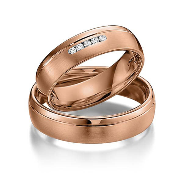 Paar klassische Trauringe/Eheringe in Rotgold 585 mit zus. 0,05 ct. Brillant tw, si von acredo - S-1101-2 Paar klassische Trauringe/Eheringe in Rotgold 585 mit zus. 0,05 ct. Brillant tw, si von acredo - S-1101-2