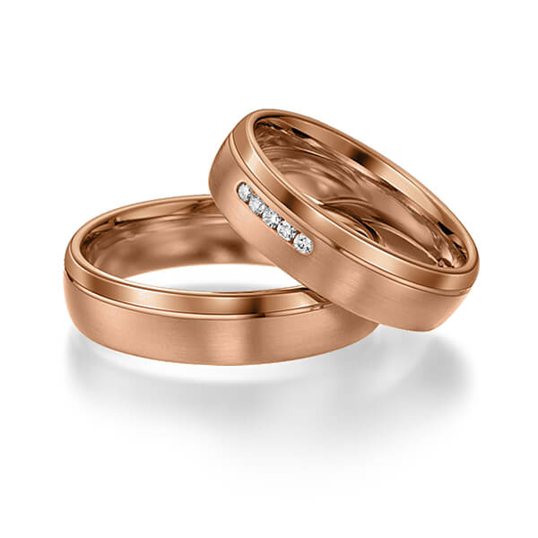 Paar klassische Trauringe/Eheringe in Rotgold 585 mit zus. 0,05 ct. Brillant tw, si von acredo