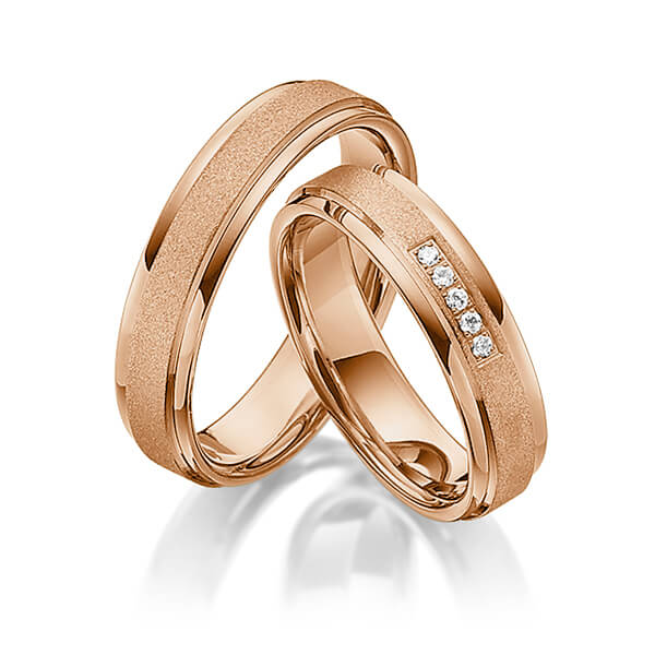 Paar klassische Trauringe/Eheringe in Rotgold 585 mit zus. 0,05 ct. Brillant tw, si von Steinberg - Q-1176-10 Paar klassische Trauringe/Eheringe in Rotgold 585 mit zus. 0,05 ct. Brillant tw, si von Steinberg - Q-1176-10