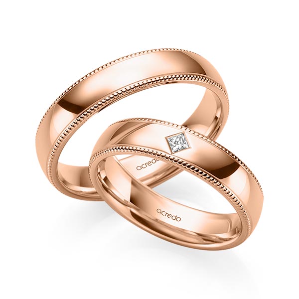 Paar klassische Trauringe/Eheringe in Rotgold 585 mit zus. 0,05 ct. Prinzess-Diamant tw, si von acredo - S-1240-5