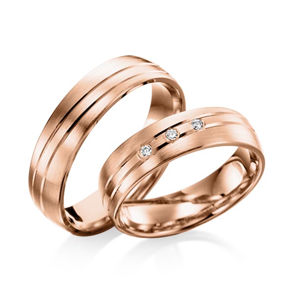 Paar klassische Trauringe/Eheringe in Rotgold 585 mit zus. 0,06 ct. Brillant tw, si - NP-1037-9