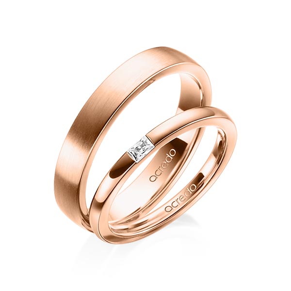 Paar klassische Trauringe/Eheringe in Rotgold 585 mit zus. 0,07 ct. Baguette-Diamant tw, vs von acredo