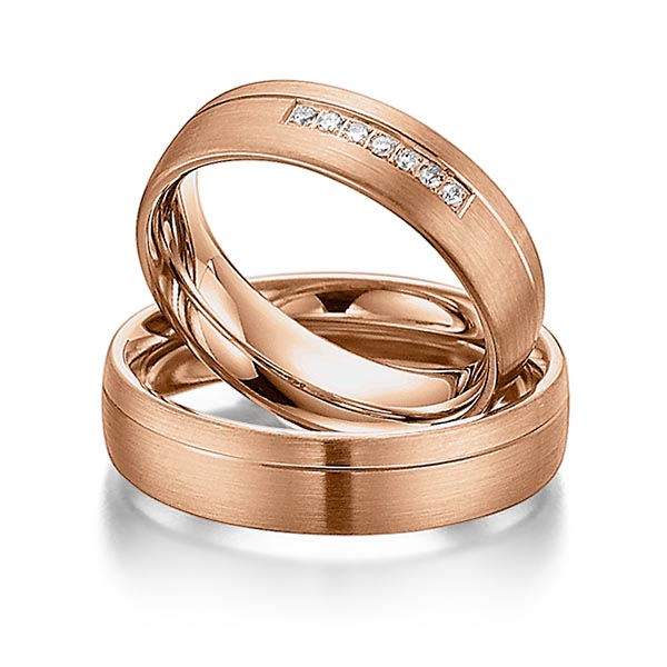 Paar klassische Trauringe/Eheringe in Rotgold 585 mit zus. 0,07 ct. Brillant tw, si von Steinberg - Q-1074-4 Paar klassische Trauringe/Eheringe in Rotgold 585 mit zus. 0,07 ct. Brillant tw, si von Steinberg - Q-1074-4