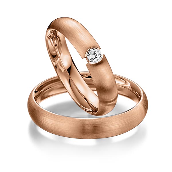 Paar klassische Trauringe/Eheringe in Rotgold 585 mit zus. 0,08 ct. Brillant tw, si von acredo - S-1083-4