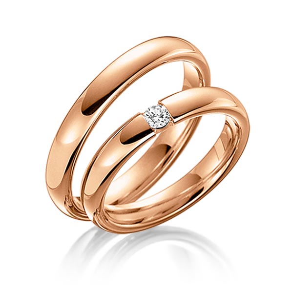 Paar klassische Trauringe/Eheringe in Rotgold 585 mit zus. 0,08 ct. Brillant tw, si von Steinberg