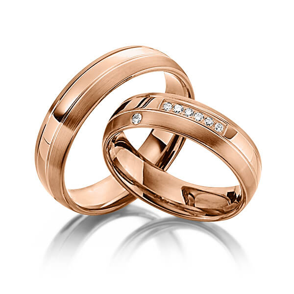 Paar klassische Trauringe/Eheringe in Rotgold 585 mit zus. 0,08 ct. Brillant tw, si von Steinberg - Q-1349-10 Paar klassische Trauringe/Eheringe in Rotgold 585 mit zus. 0,08 ct. Brillant tw, si von Steinberg - Q-1349-10