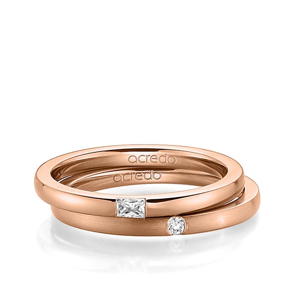 Paar klassische Trauringe/Eheringe in Rotgold 585 mit zus. 0,095 ct. Baguette-Diamant & Brillant tw, vs tw, si von acredo