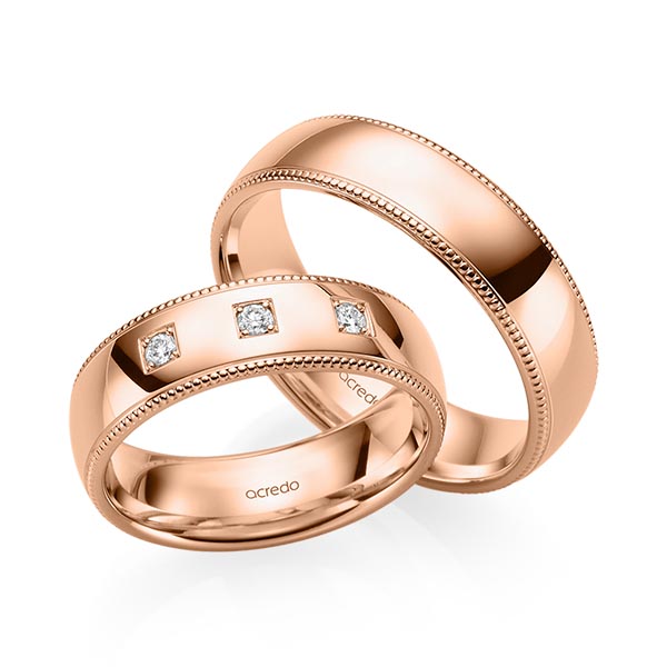 Paar klassische Trauringe/Eheringe in Rotgold 585 mit zus. 0,09 ct. Brillant tw, si von acredo