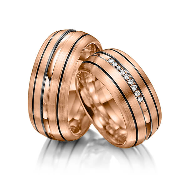 Paar klassische Trauringe/Eheringe in Rotgold 585 mit zus. 0,09 ct. Brillant tw, si von Merii