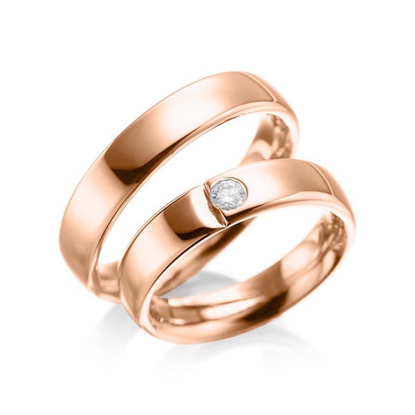 Paar klassische Trauringe/Eheringe in Rotgold 585 mit zus. 0,12 ct. Brillant tw, si von acredo - A-1027-5 Paar klassische Trauringe/Eheringe in Rotgold 585 mit zus. 0,12 ct. Brillant tw, si von acredo - A-1027-5