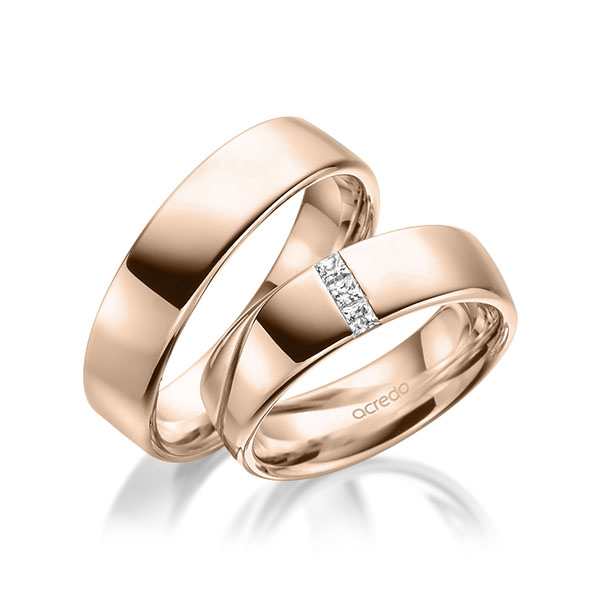 Paar klassische Trauringe/Eheringe in Rotgold 585 mit zus. 0,12 ct. Prinzess-Diamant tw, si von acredo