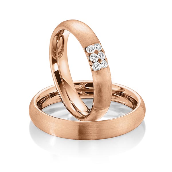 Paar klassische Trauringe/Eheringe in Rotgold 585 mit zus. 0,15 ct. Brillant tw, si von Steinberg - Q-1475-4 Paar klassische Trauringe/Eheringe in Rotgold 585 mit zus. 0,15 ct. Brillant tw, si von Steinberg - Q-1475-4