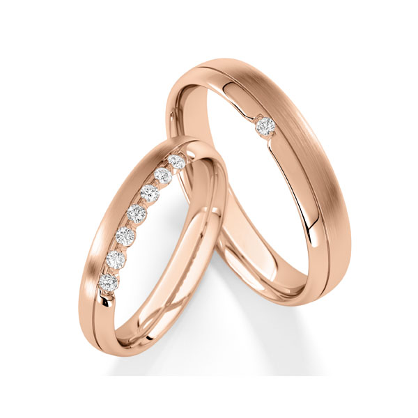 Paar klassische Trauringe/Eheringe in Rotgold 585 mit zus. 0,16 ct. tw, vs von Steinberg