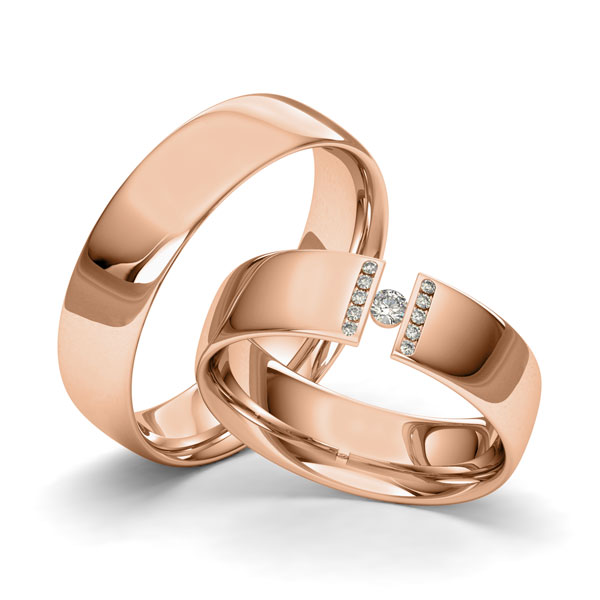 Paar klassische Trauringe/Eheringe in Rotgold 585 mit zus. 0,1 ct. Brillant tw, si von Merii