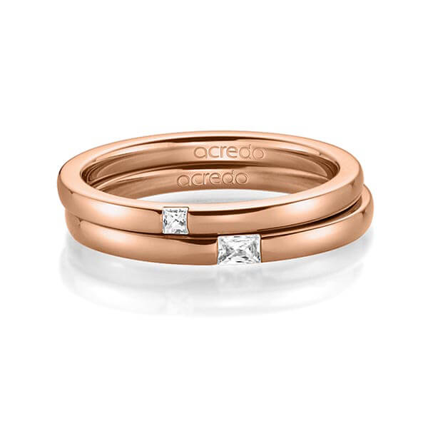 Paar klassische Trauringe/Eheringe in Rotgold 585 mit zus. 0,1 ct. Prinzess-Diamant & Baguette-Diamant tw, si tw, vs von acredo