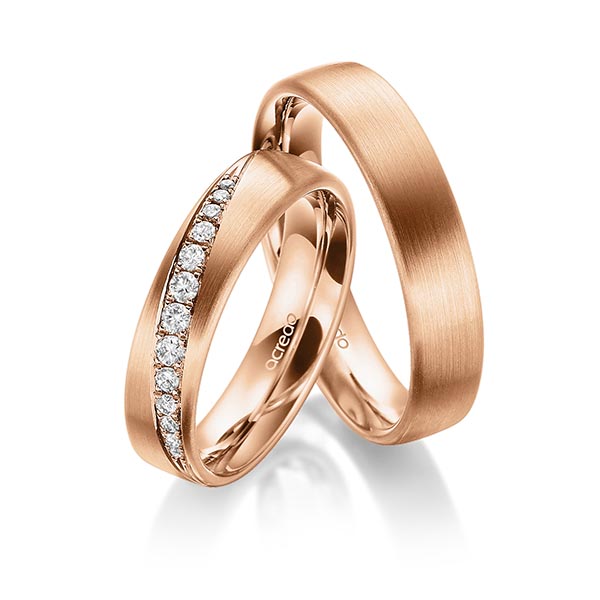 Paar klassische Trauringe/Eheringe in Rotgold 585 mit zus. 0,206 ct. Brillant tw, si von acredo