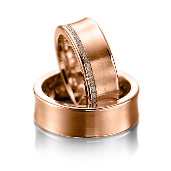 Paar klassische Trauringe/Eheringe in Rotgold 585 mit zus. 0,28 ct. Brillant tw, si von acredo