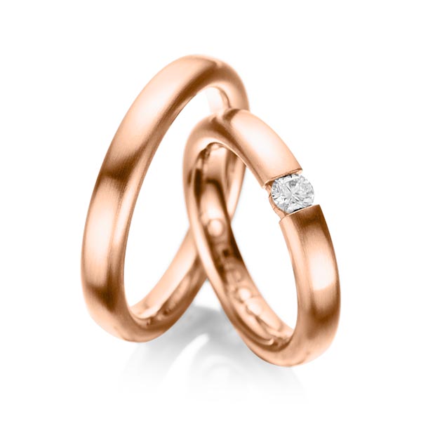 Paar klassische Trauringe/Eheringe in Rotgold 585 mit zus. 0,2 ct. Brillant tw, si von acredo