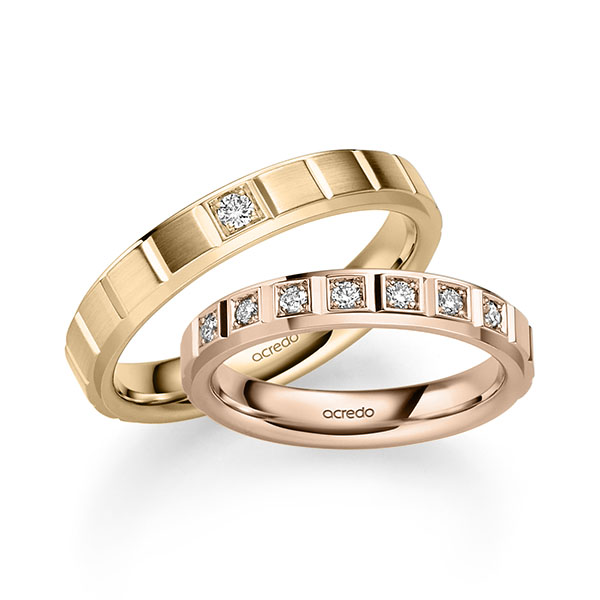 Paar klassische Trauringe/Eheringe in Rotgold 585 mit zus. 0,2 ct. Brillant tw, si von acredo