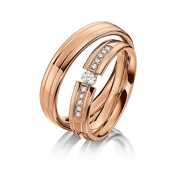 Paar klassische Trauringe/Eheringe in Rotgold 585 mit zus. 0,2 ct. Brillant tw, si von Steinberg