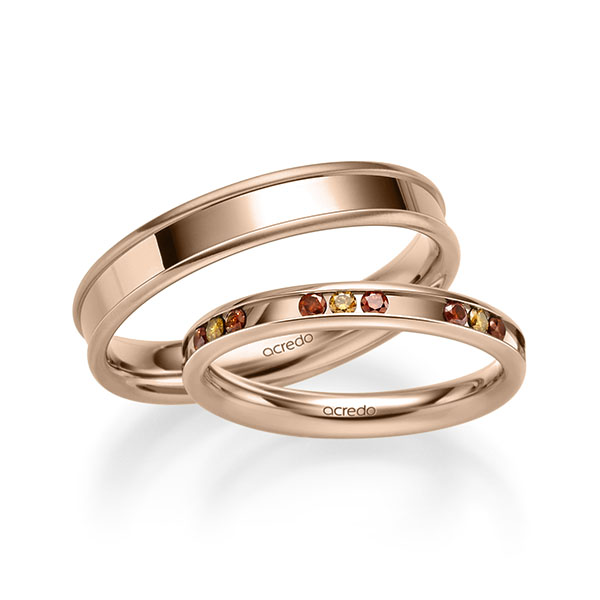 Paar klassische Trauringe/Eheringe in Rotgold 585 mit zus. 0,42 ct. Brillant cognac Red Cherry von acredo